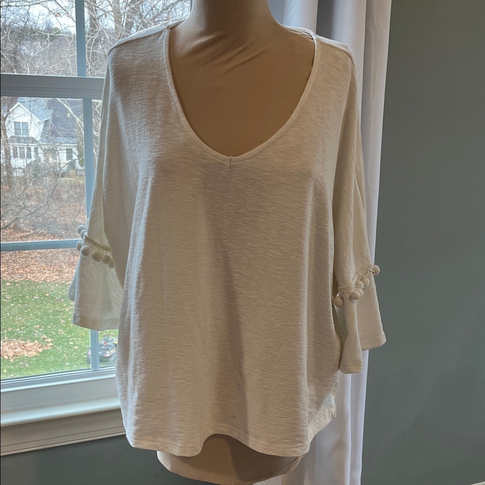 Anthropologie Mystree White Pom-Pom Sleeve Blouse